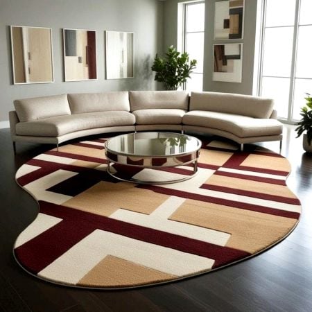 Handcrafted Beige Maroon Geometric Living Room Rug